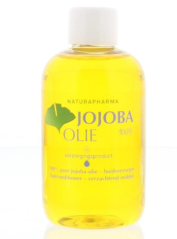 Naturapharma jojoba olie in 100ml bottle, natural body care product with smooth liquid appearance and white label.