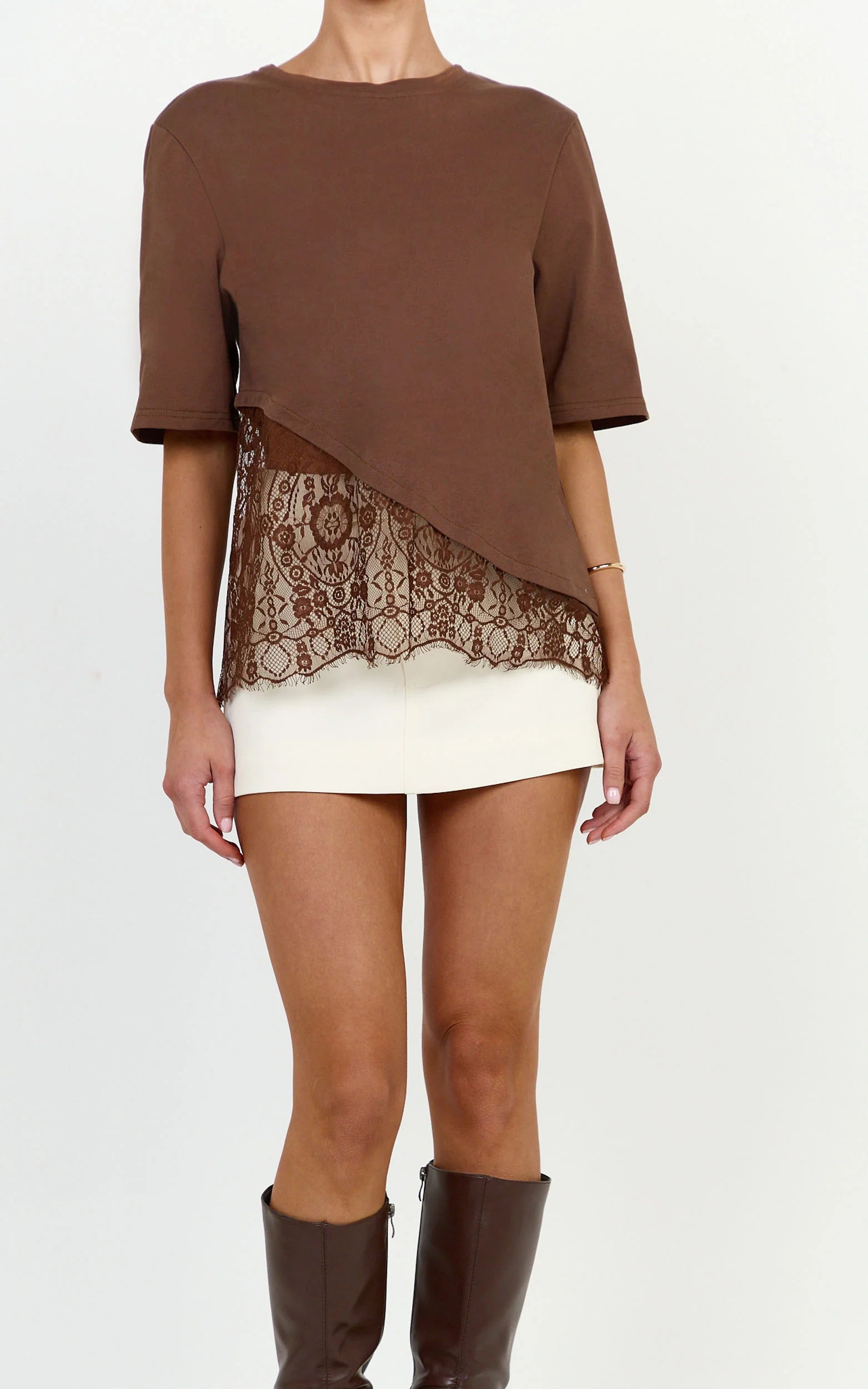 Abby Top - Asym Tee with Lace Trim in Chocolate