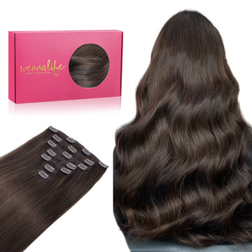 Wennalife Clip In Hair Extensions Real Human Hair, 14 Inch 120G 7Pcs Human Hair Extensions Clip In Human Hair, Light Dark Brown