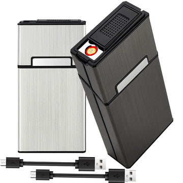 Cigarette Case with Lighter 100's King Size 20pcs Cigarettes 2 Pack Rechargeable Flameless Windproof Electric Lighter Makeup Mirror