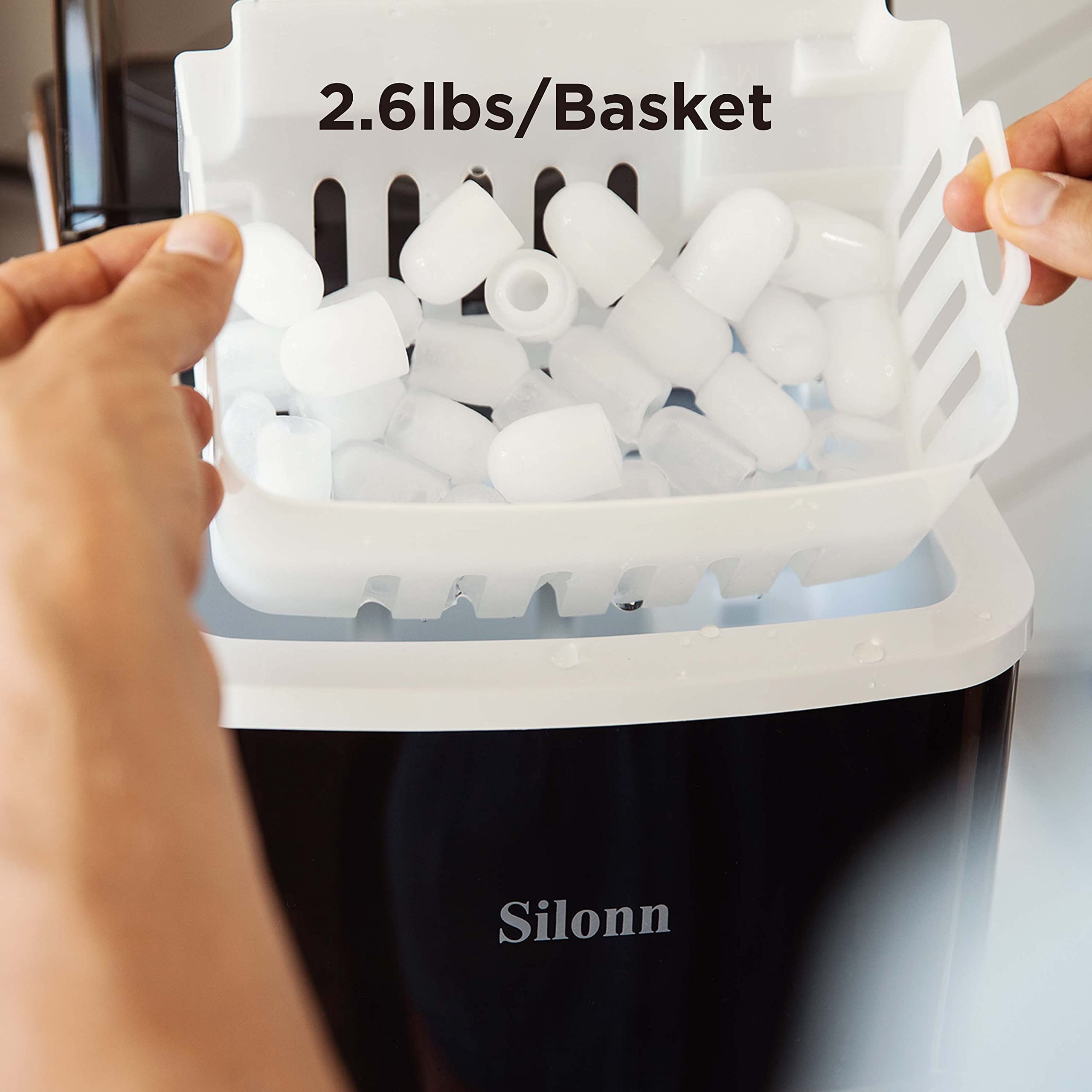 Silonn Eiswürfelmaschine Klein, 9 Stück in 6 Min Mertig 12 kg in 24 Stdn. Fertig, 2 l Wassertankkapazität, Tragbare Eiswürfelmaschine kann 2 Größen Eiswürfel Produzieren, Geeignet für Küche und Party