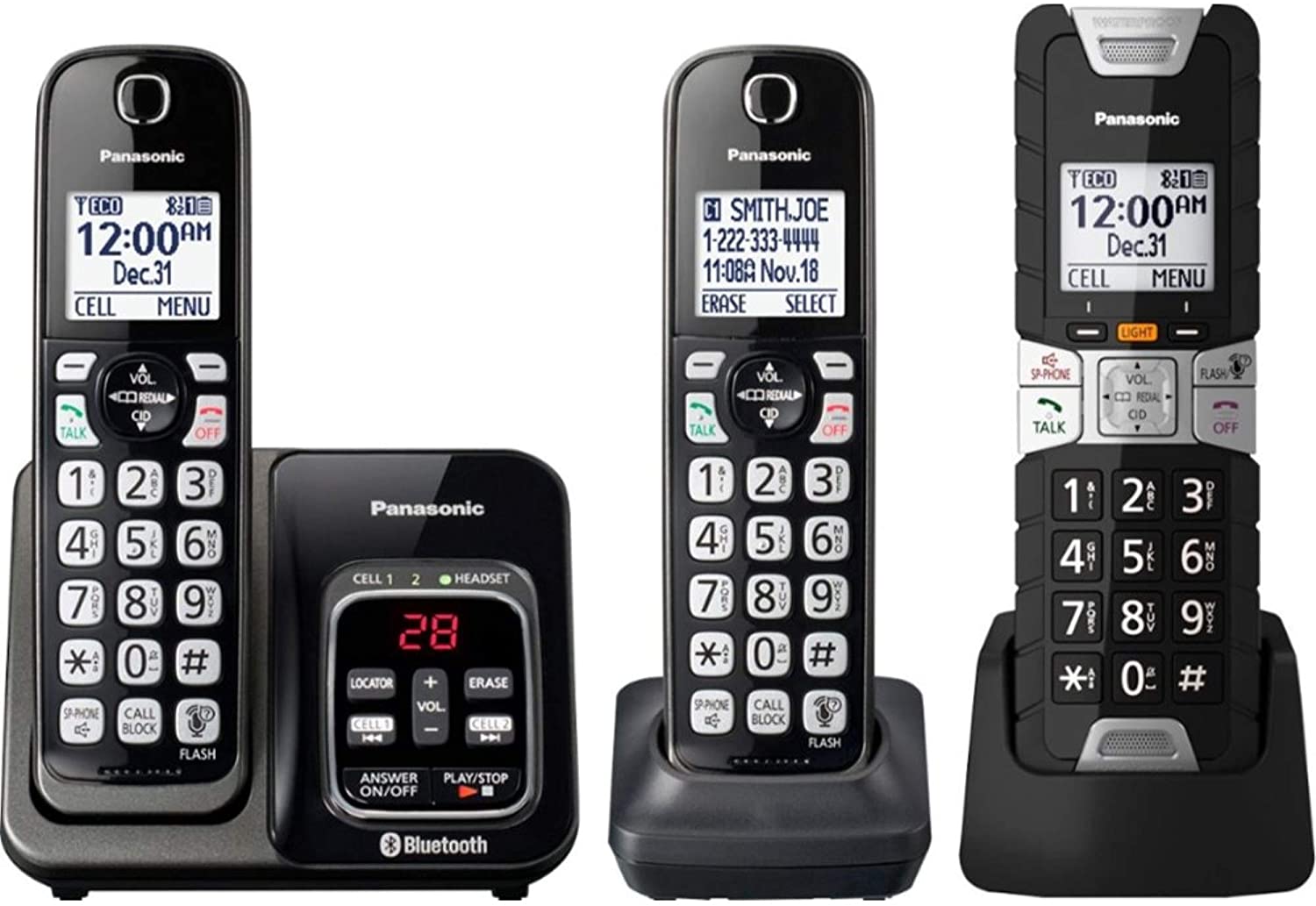 Panasonic Rugged Link2Cell Bluetooth Cordless Phone with Voice Assist, One-Touch Call Block and Answering Machine - 2 Standard Handsets + 1 Rugged Handset - KX-TGD583M (Black)