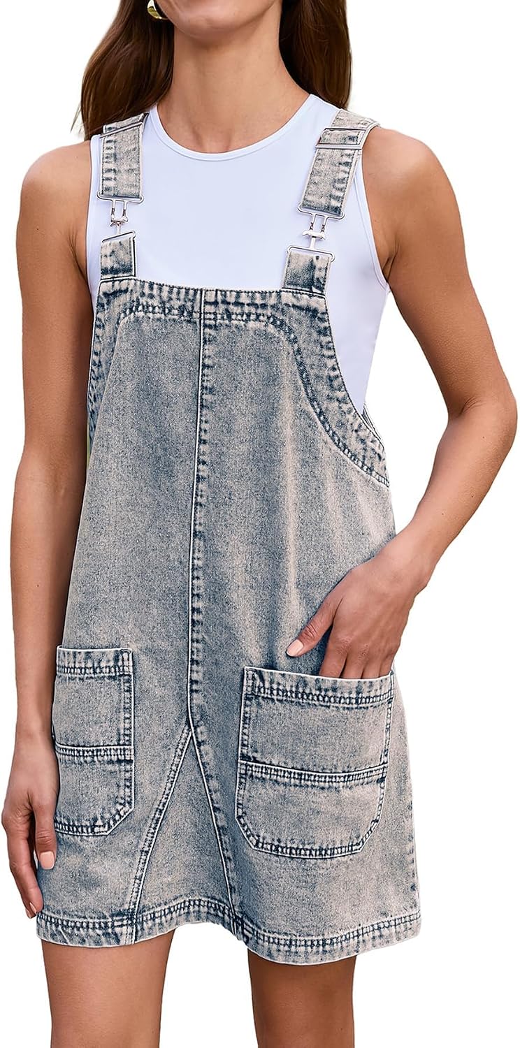 Women's Denim Overall Dress Jean Sleeveless Mini Pinafore Adjustable Straps Overall Dress With Pocket