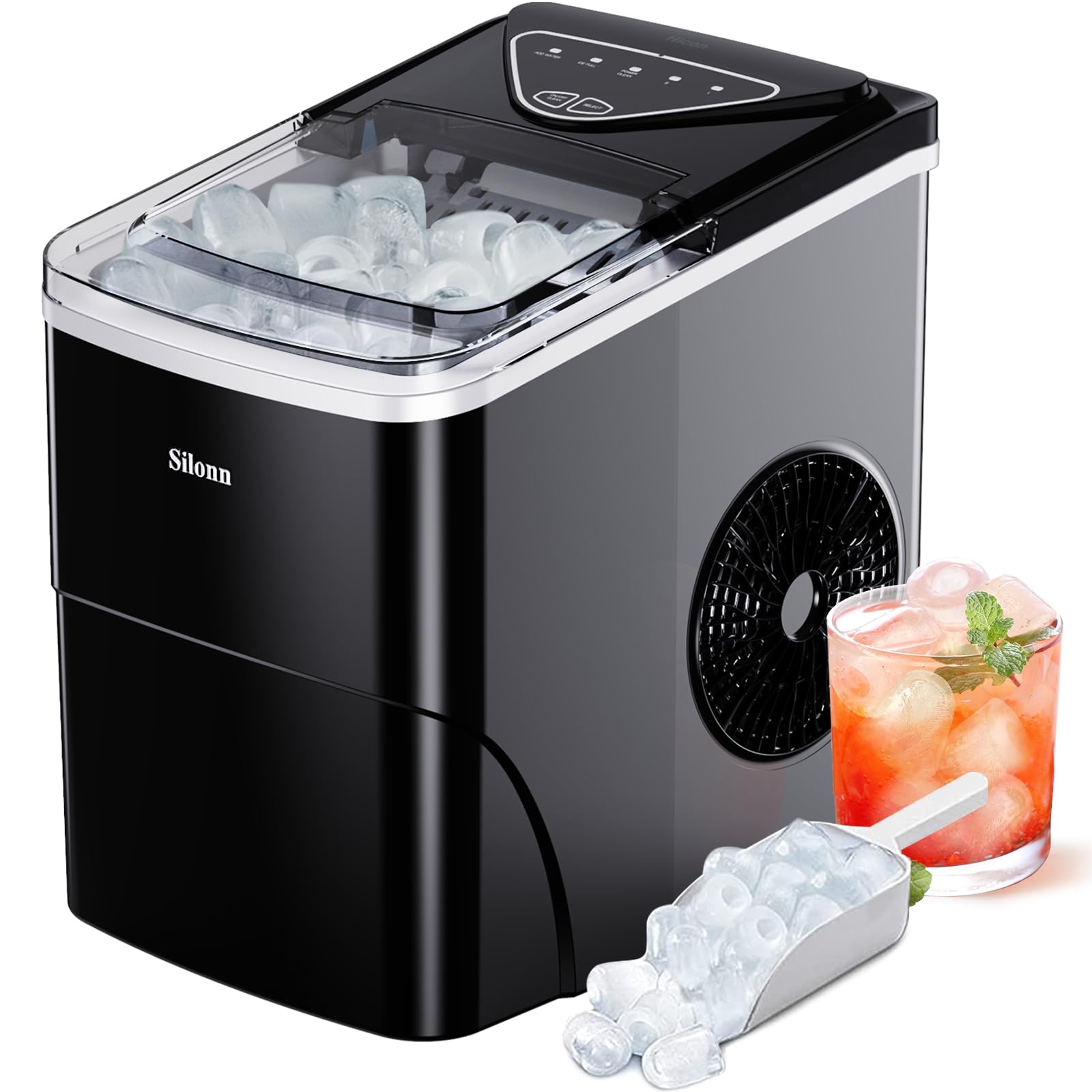 Silonn Eiswürfelmaschine Klein, 9 Stück in 6 Min Mertig 12 kg in 24 Stdn. Fertig, 2 l Wassertankkapazität, Tragbare Eiswürfelmaschine kann 2 Größen Eiswürfel Produzieren, Geeignet für Küche und Party