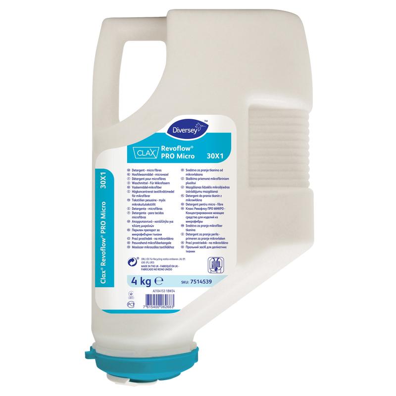 The 4 kg Clax Revoflow PRO MICRO 30X1 cartridge from Diversey Deutschland GmbH & Co. OHG is a highly concentrated powder specifically designed for microfibers in the Revoflow system—featuring a blue label, cap, and ergonomic handle.