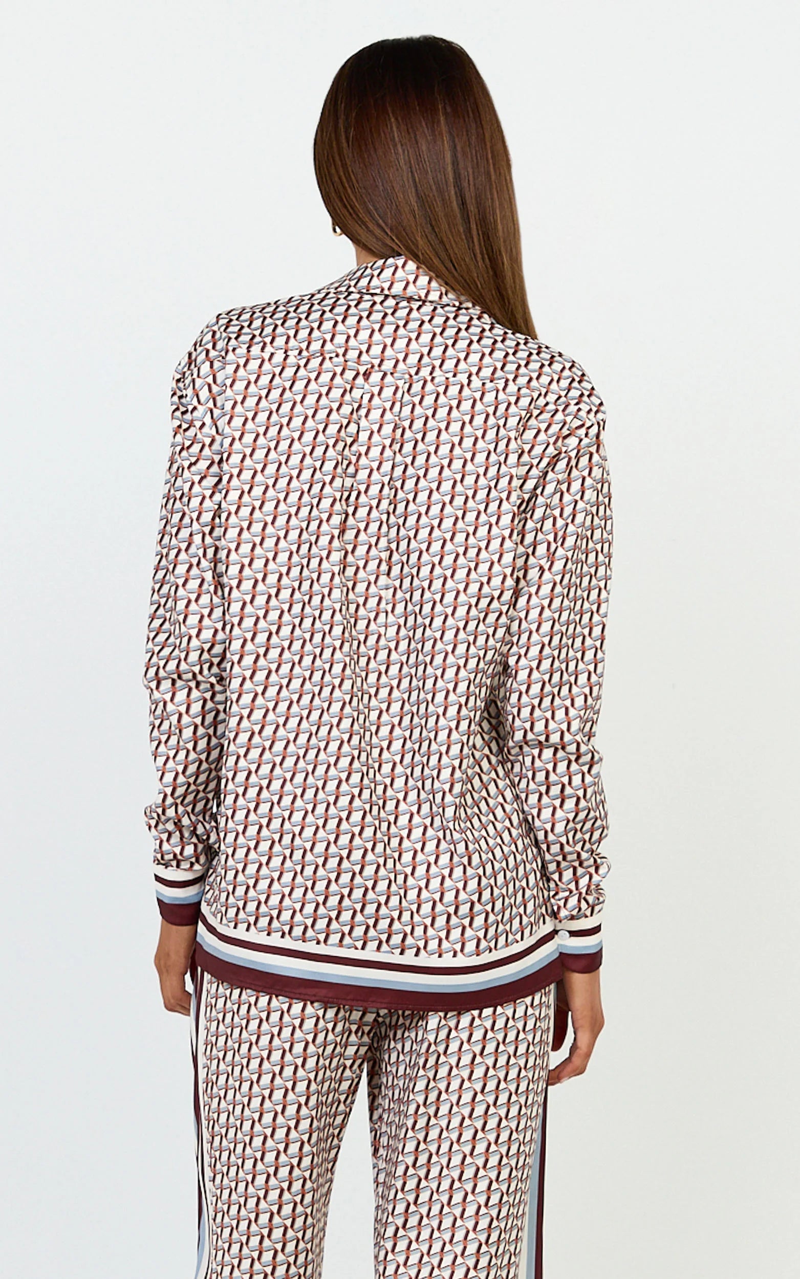 Noelle Top - Geo Border Print Button Front Long Sleeve Shirt in Multi