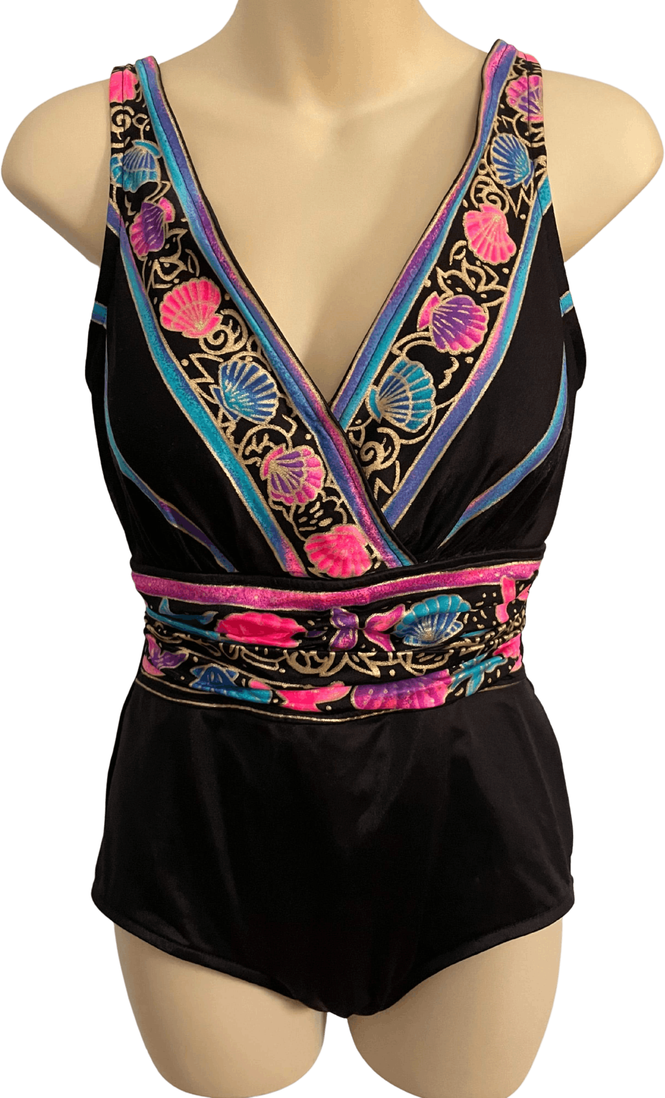 80’s Black Seashell Print Swimsuit by Illusions By Catalina