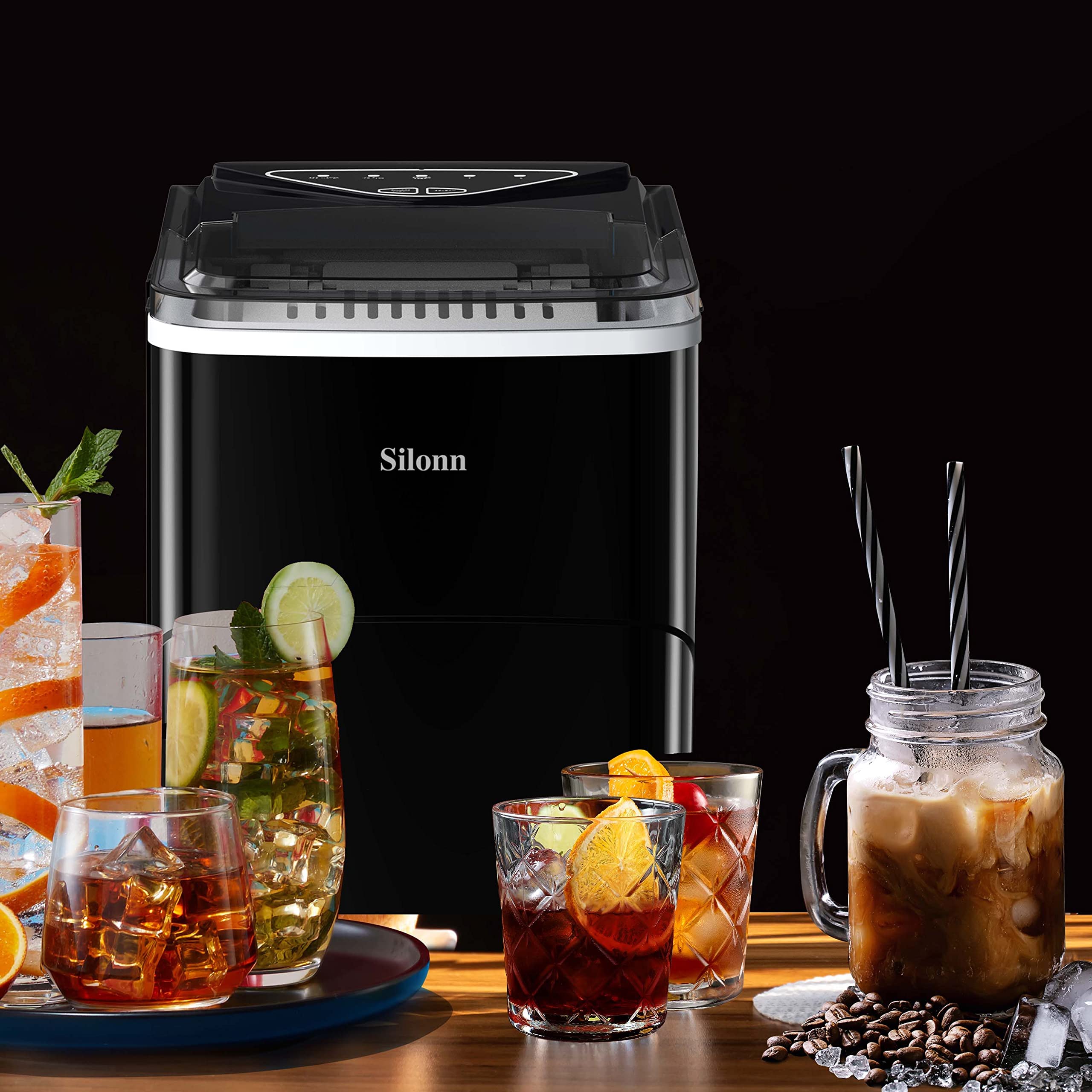 Silonn Eiswürfelmaschine Klein, 9 Stück in 6 Min Mertig 12 kg in 24 Stdn. Fertig, 2 l Wassertankkapazität, Tragbare Eiswürfelmaschine kann 2 Größen Eiswürfel Produzieren, Geeignet für Küche und Party