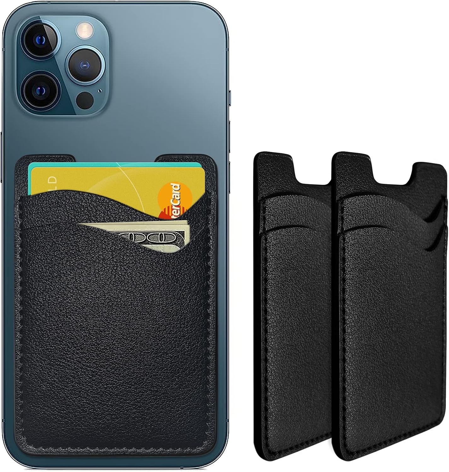 Phone Card Holder, Leather Phone Wallet Stick On Card Holder Back of Phone | Credit Card Holder for Phone Case Compatible with Most of Cell Phone (iPhone, Samsung) - 2Pack Black