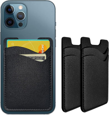 Phone Card Holder, Leather Phone Wallet Stick On Card Holder Back of Phone | Credit Card Holder for Phone Case Compatible with Most of Cell Phone (iPhone, Samsung) - 2Pack Black
