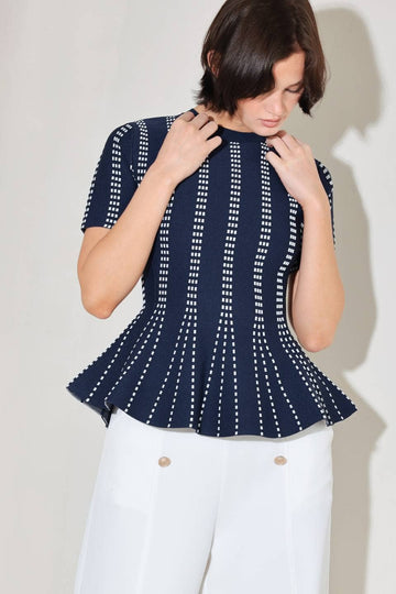 Jacquard sweater top - NAVY WHITE