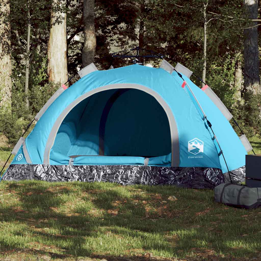 Blauwe vidaXL 4-persoons tent met snelontgrendeling en open ingang in een bosrijke omgeving.