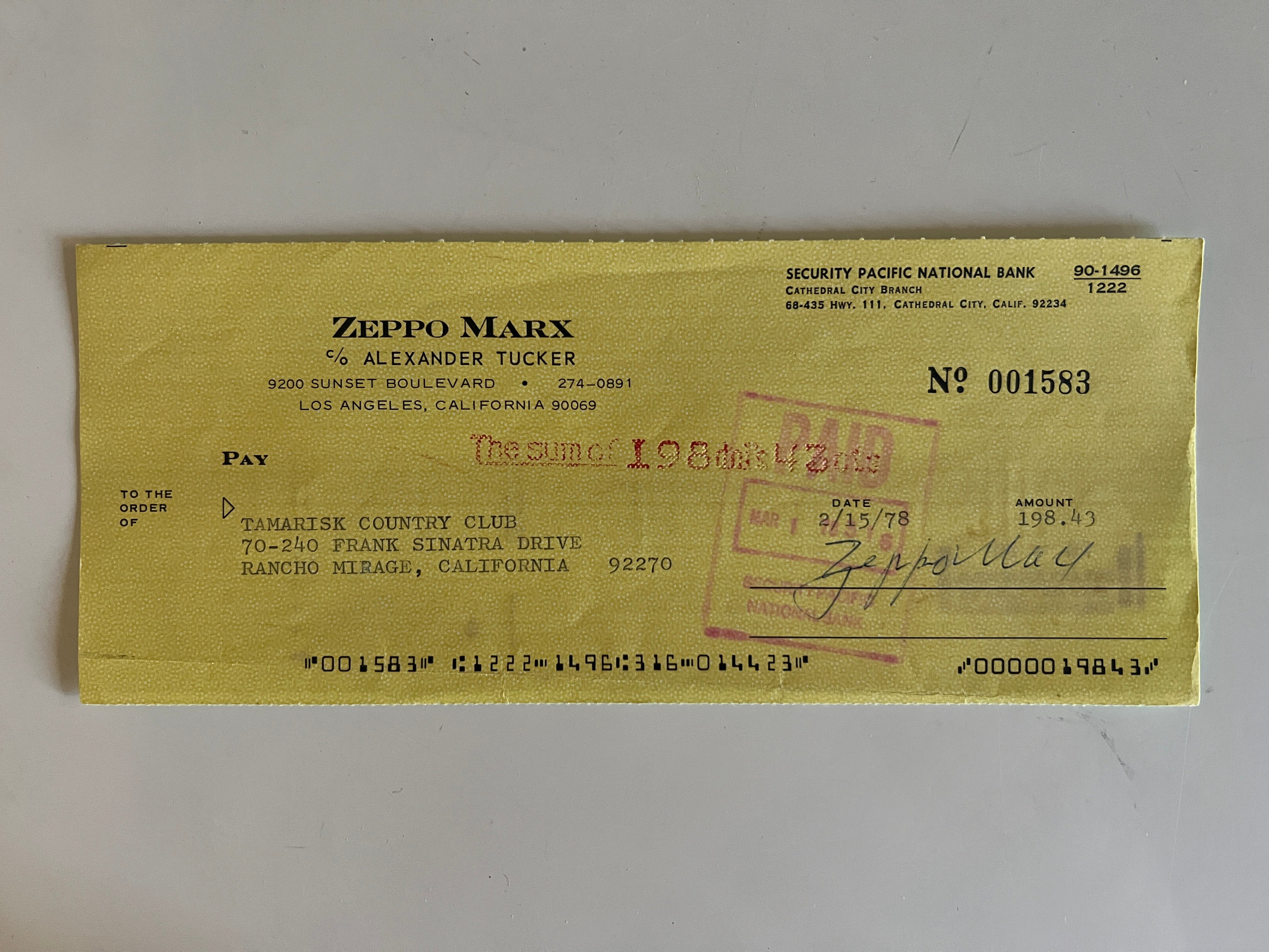 Zeppo Marx signed check
