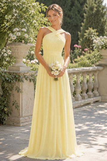 A-Line Yellow Chiffon Long Bridesmaid Dress