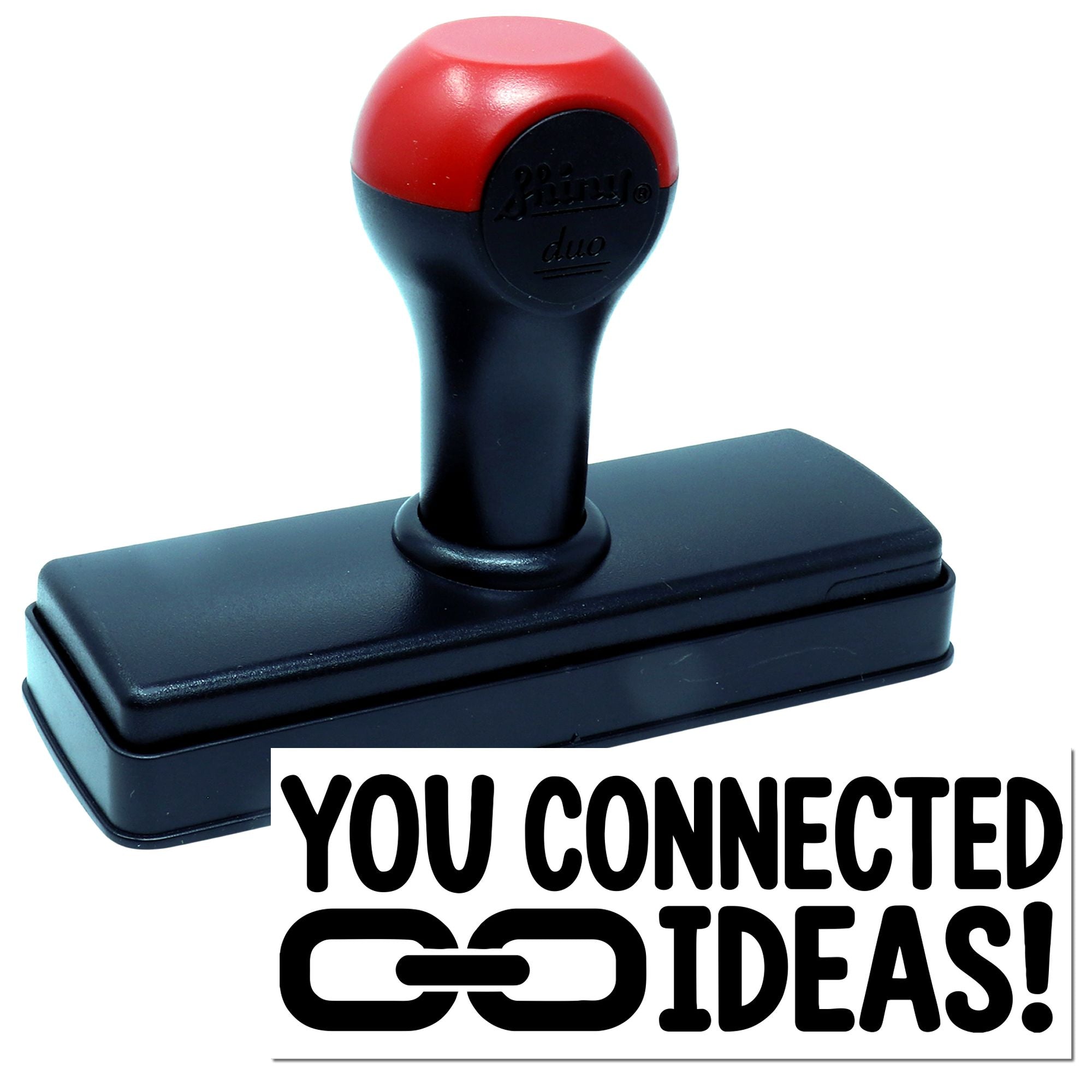 Red and black self-inking stamp and seal with rectangular base and You Connected Ideas! branding.