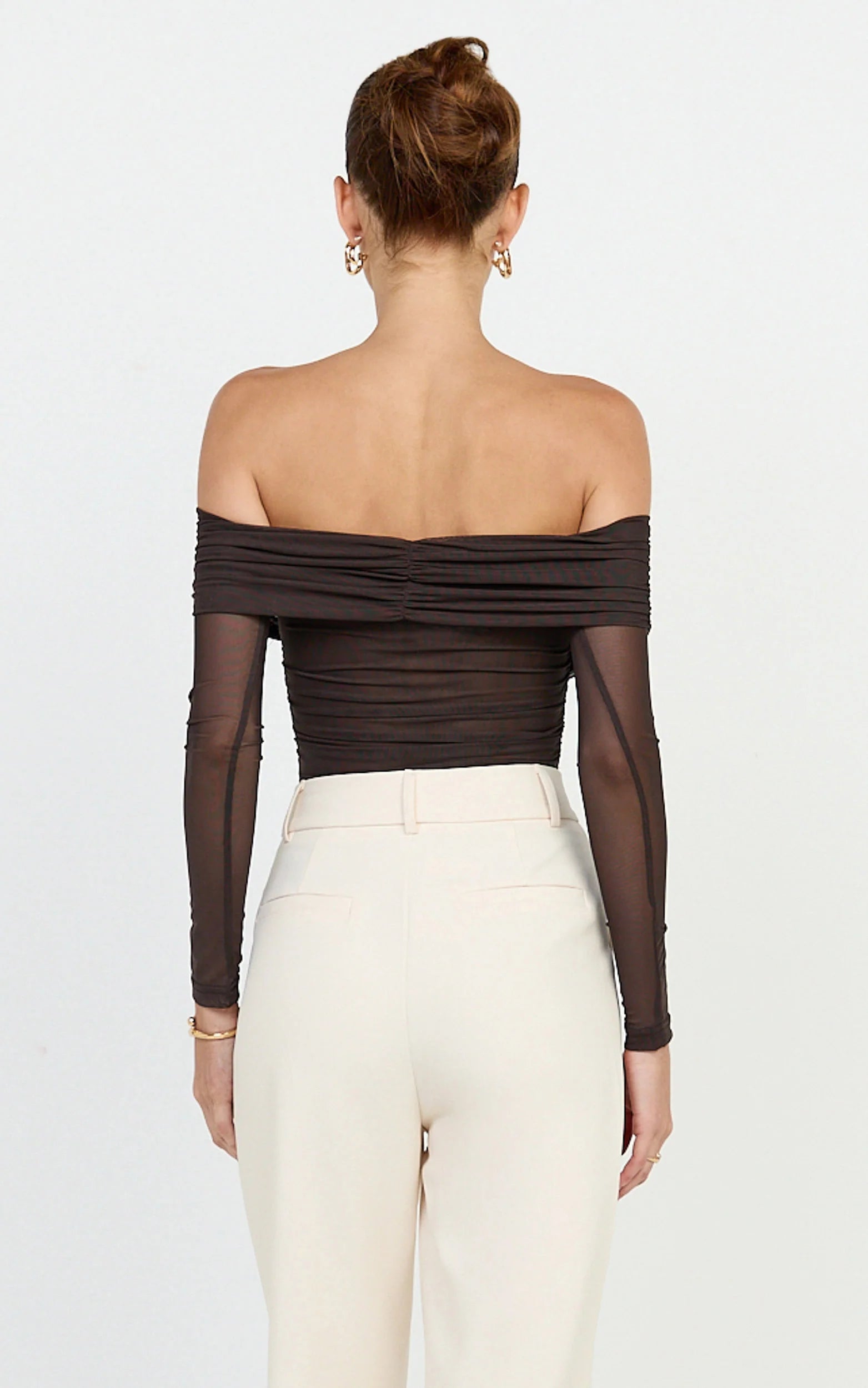 Opal Bodysuit - Long Sleeve Wrapped Off Shoulder Bodysuit in Chocolate