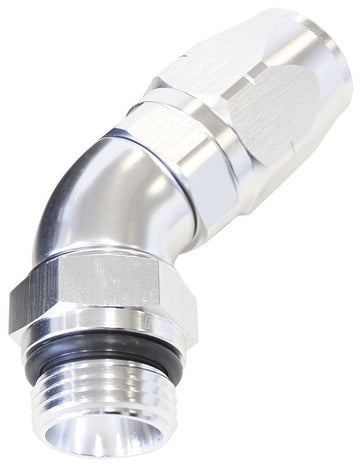 45° MALE ORB FULL FLOW SWIVEL HOSE END -10 ORB TO -8 HOSE SILVER
