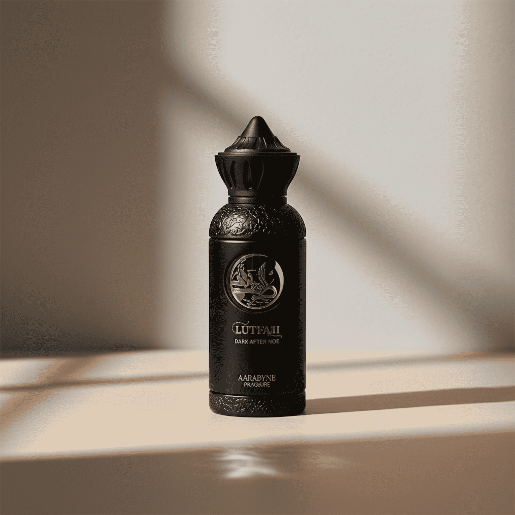 Eau de parfum-flaska i mörksvart med dekorativt lock och tydlig etikett