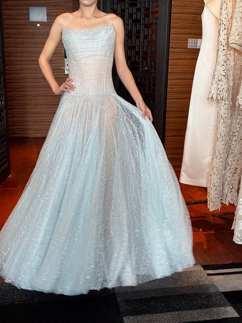 Vintage A line Strapless Light Sky Blue Tulle Long Prom Dresses Party Dress 16th Birthday Outfits Senior Graduation Dress AU515