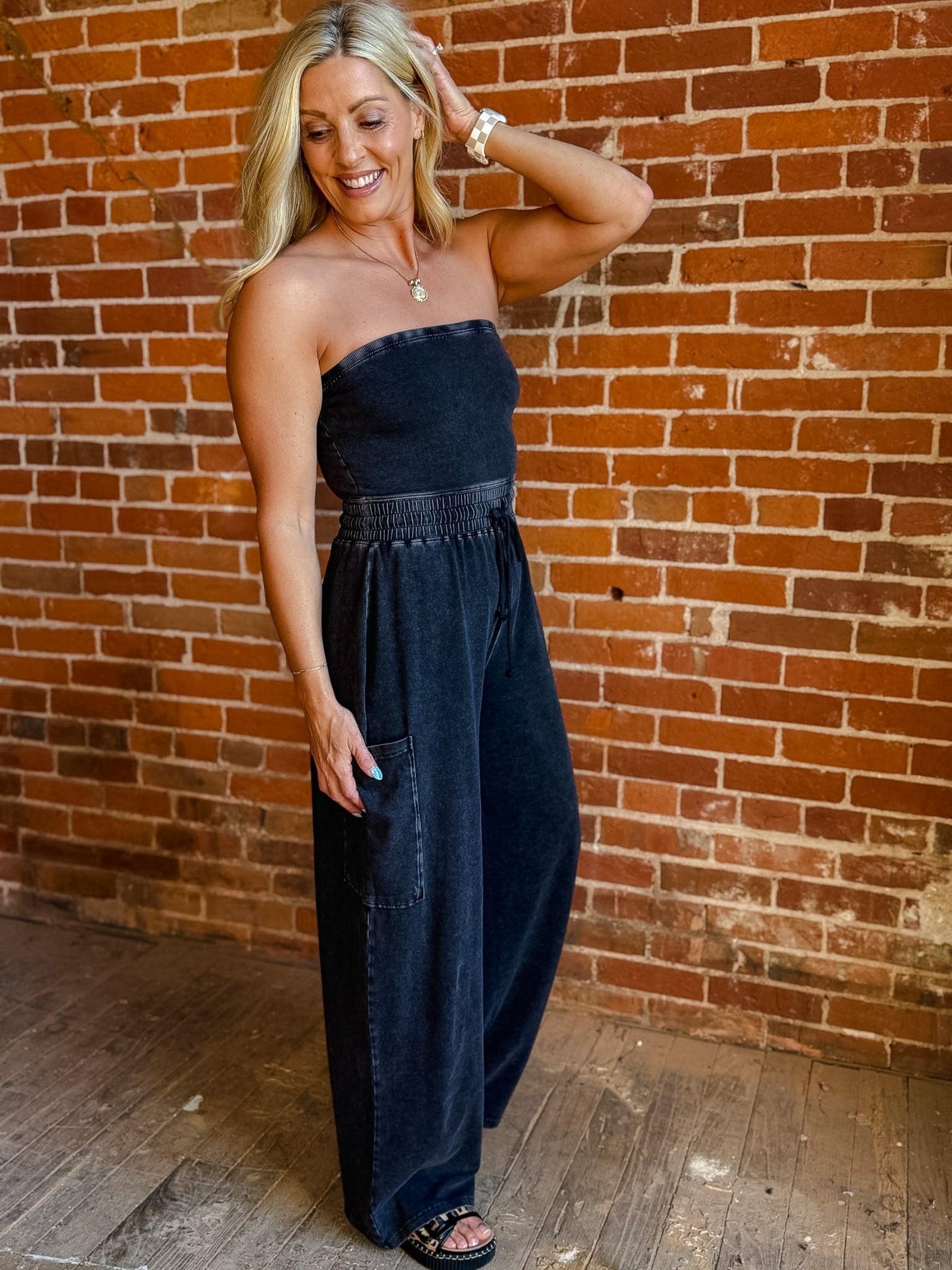 After Hours Ease Mineral Washed Strapless Jumpsuit, Black