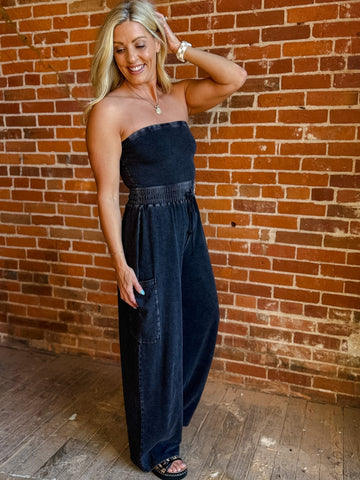 After Hours Ease Mineral Washed Strapless Jumpsuit, Black