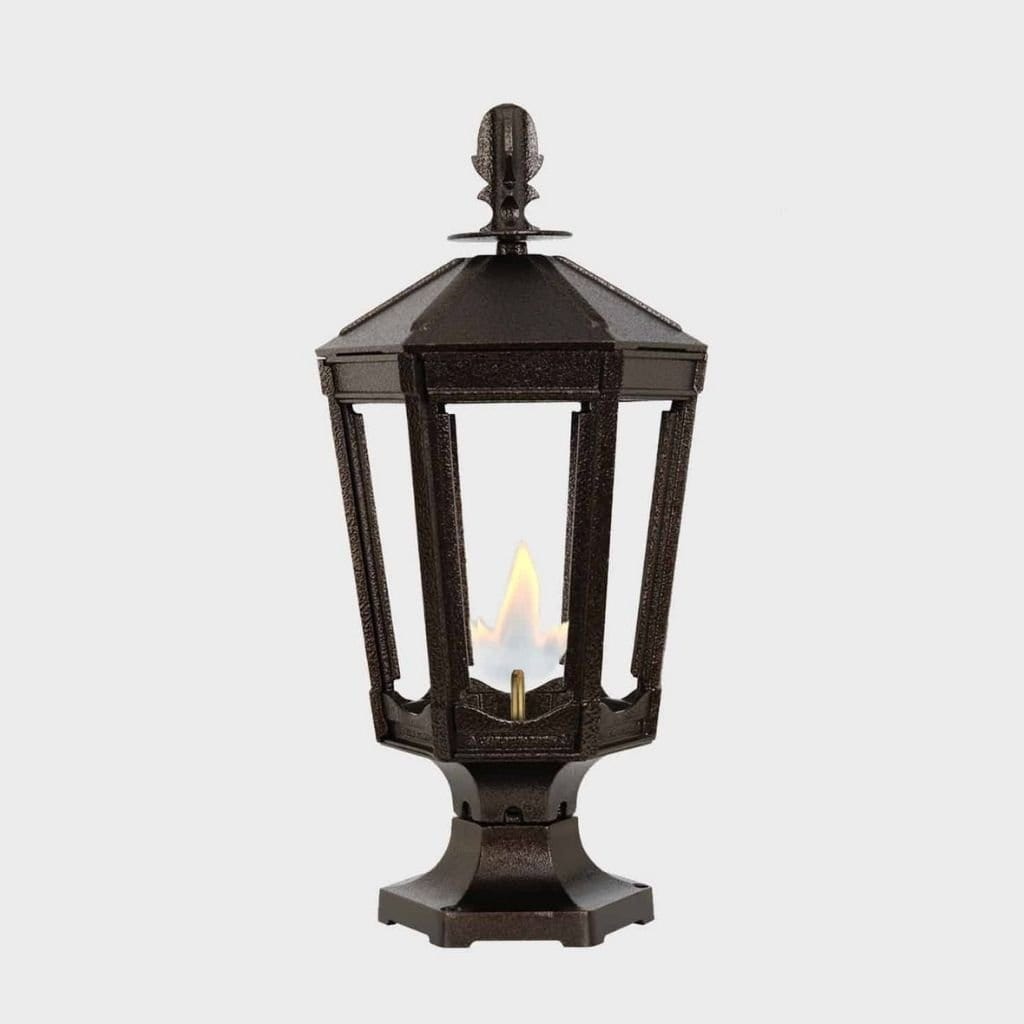 American Gas Lamp Works Vienna 1000R 11" Weather Green Residential Pier Mount Aluminum Natural Gas Lamp With Dual Inverted Gas Mantle Light Assembly, Flat Tempered Glass Panes and Brass Loop Finial