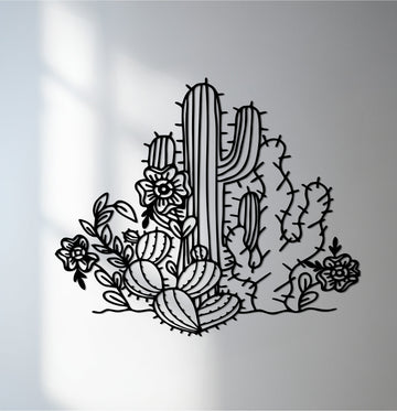 The abstract quality of this desert bloom metal artwork is captured in the flowing lines of the cactus garden design, creating a striking silhouette.