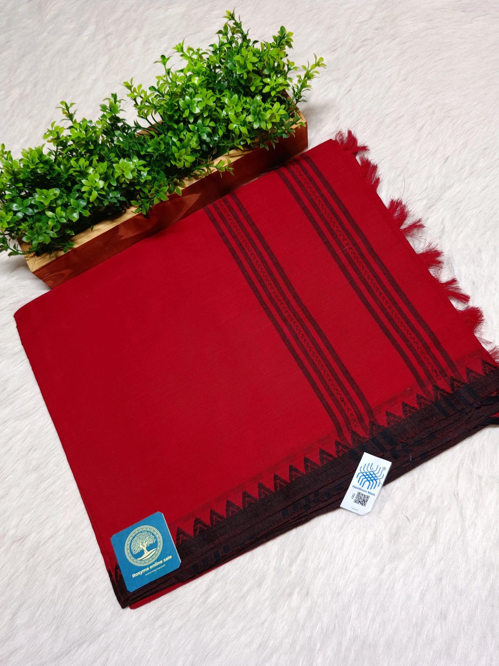 Authentic Begumpuri Handwoven Pure Cotton Saree in Royal Red with Traditional Temple Border