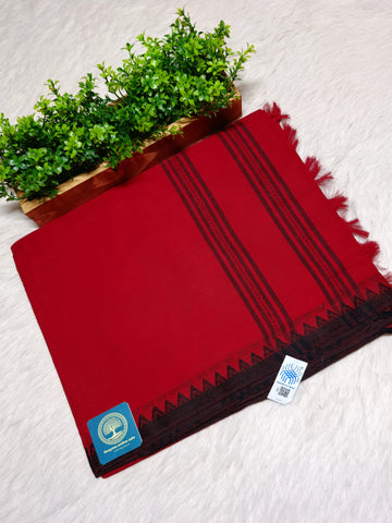 Authentic Begumpuri Handwoven Pure Cotton Saree in Royal Red with Traditional Temple Border