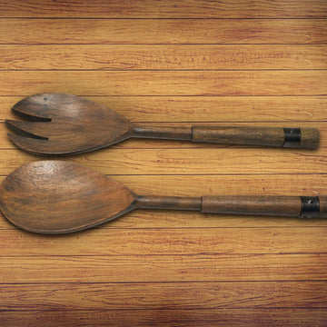 Gray Acacia Wood Salad Server Set With Riveted Gunmetal 2 Piece Kitchen Utensils