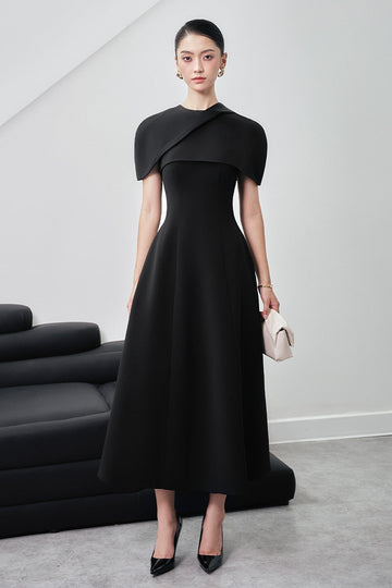 Edith A-line Cape Shoulder Wool Blend Midi Dress