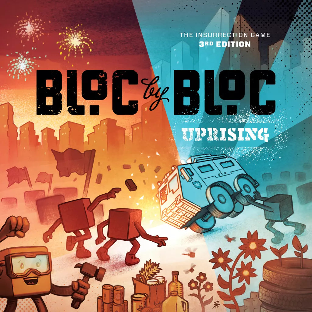 The cover of Bloc by Bloc: Uprising from Out of Order Games features cartoon block characters clashing with police in a vibrant orange and blue city, evoking the game’s revolutionary spirit and tense protest themes.