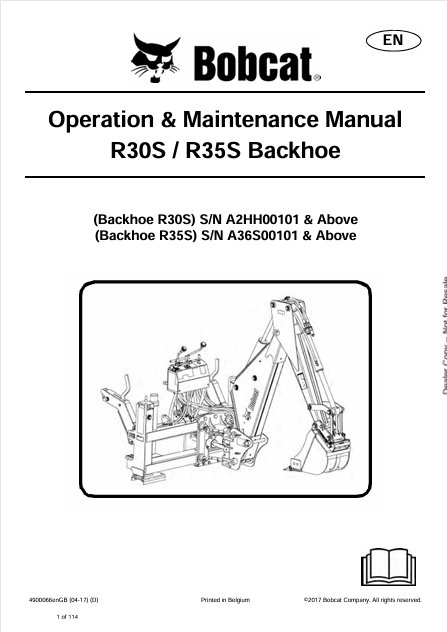 Bobcat R30S, R35S BACKHOE Operation & Maintenance Manual 4900066 - PDF