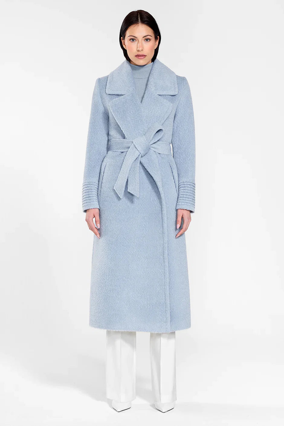 SENTALER BOUCLÉ ALPACA LONG NOTCHED COLLAR WRAP COAT IN POWDER BLUE