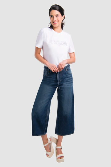 Jeans Wide Leg Cropped Azul Oscuro para Mujer