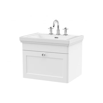 Nuie Classique 600mm Wall Mounted 1-Drawer Unit & 3TH Basin - Satin White - welovecouk