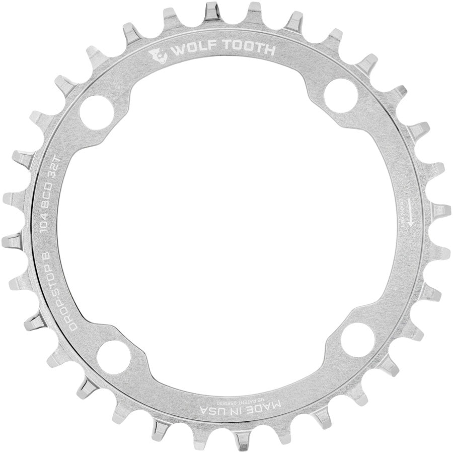 Wolf Tooth 104 BCD Chainring - 32t, 104 BCD, 4-Bolt, Drop-Stop B, Raw Silver MPN: 10432-B-PLT UPC: 810159402101 Chainring 104 BCD Chainrings