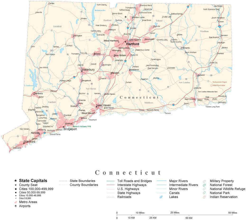 Detailed Connecticut Cut-Out Style Digital Map with County Boundaries, Cities, Highways, and more