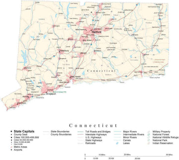Detailed Connecticut Cut-Out Style Digital Map with County Boundaries, Cities, Highways, and more