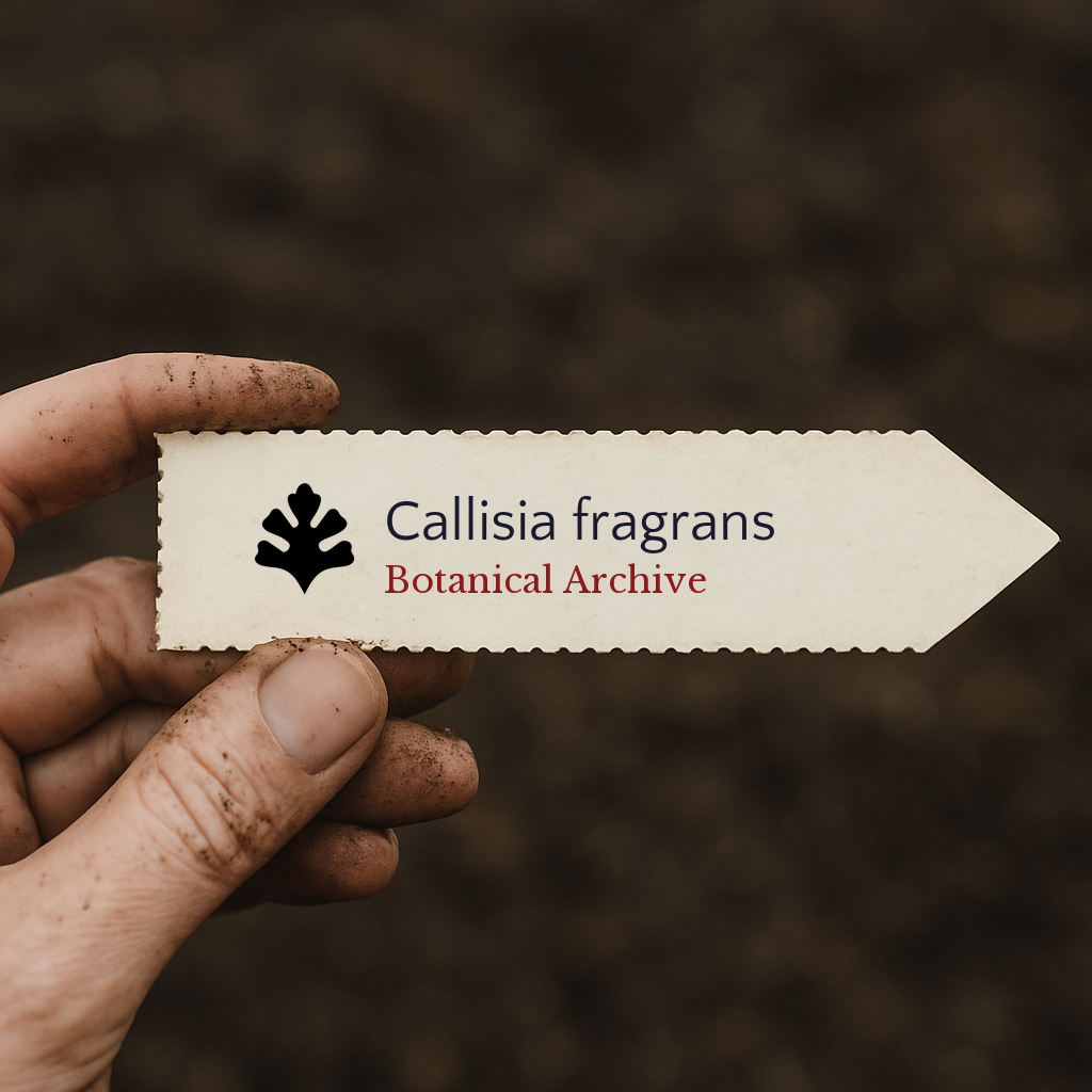 Printed plant label for Callisia fragrans held by dirty hand with soil background