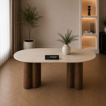 Japandi Eettafel – Ovaal Travertijn beige met Bruin Poot