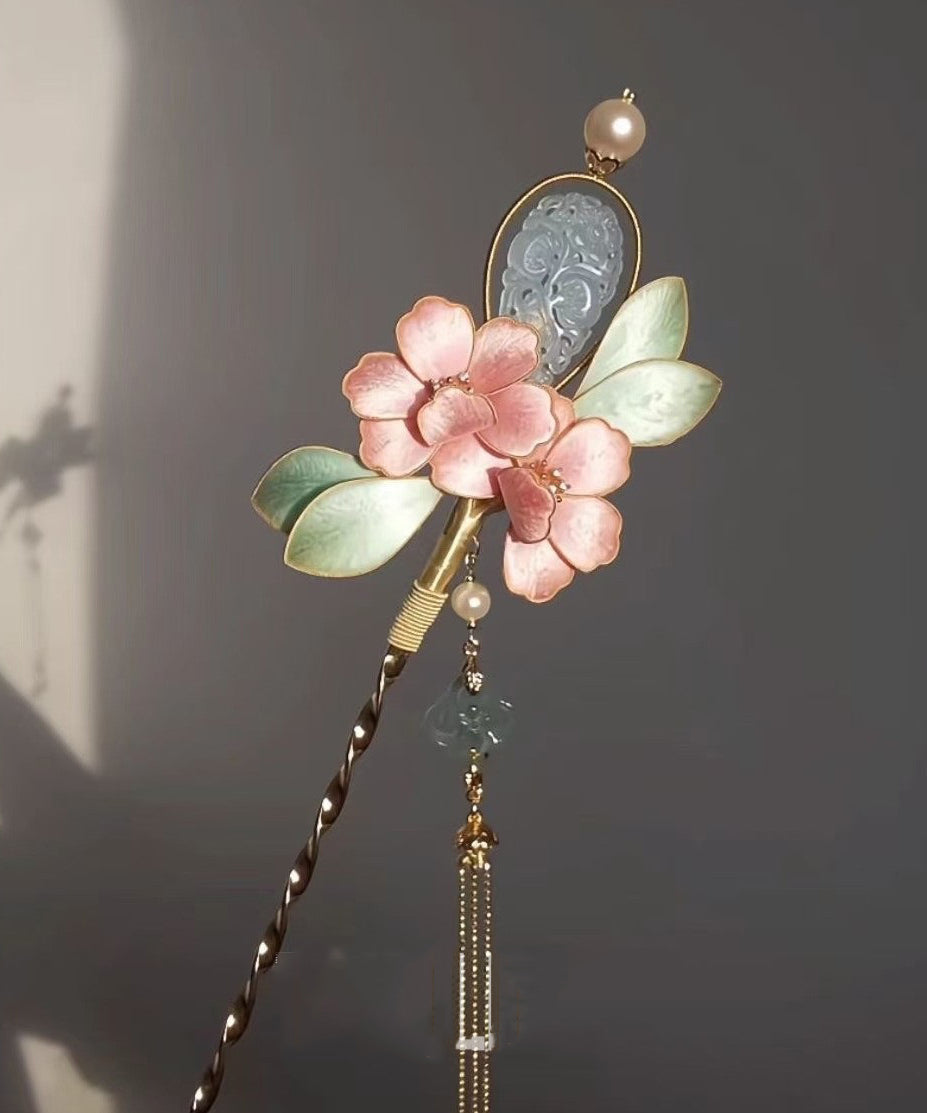 Épingle à cheveux à pompon en jade et fleur de pivoine rose antique de style chinois - Wavlynn