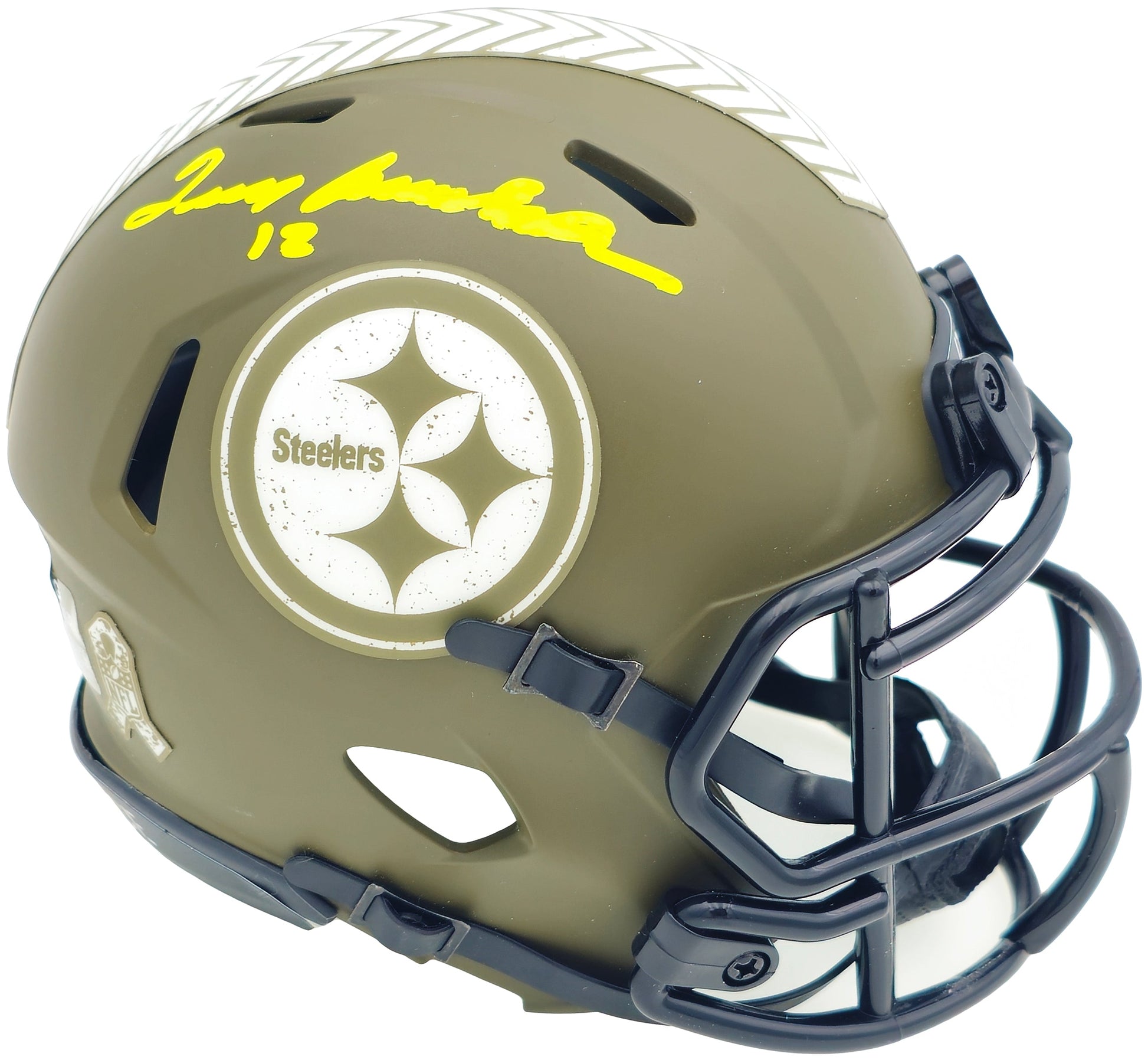 Terry Bradshaw Autographed Pittsburgh Steelers Army Green Salute to Service Speed Mini Helmet Beckett BAS Witness