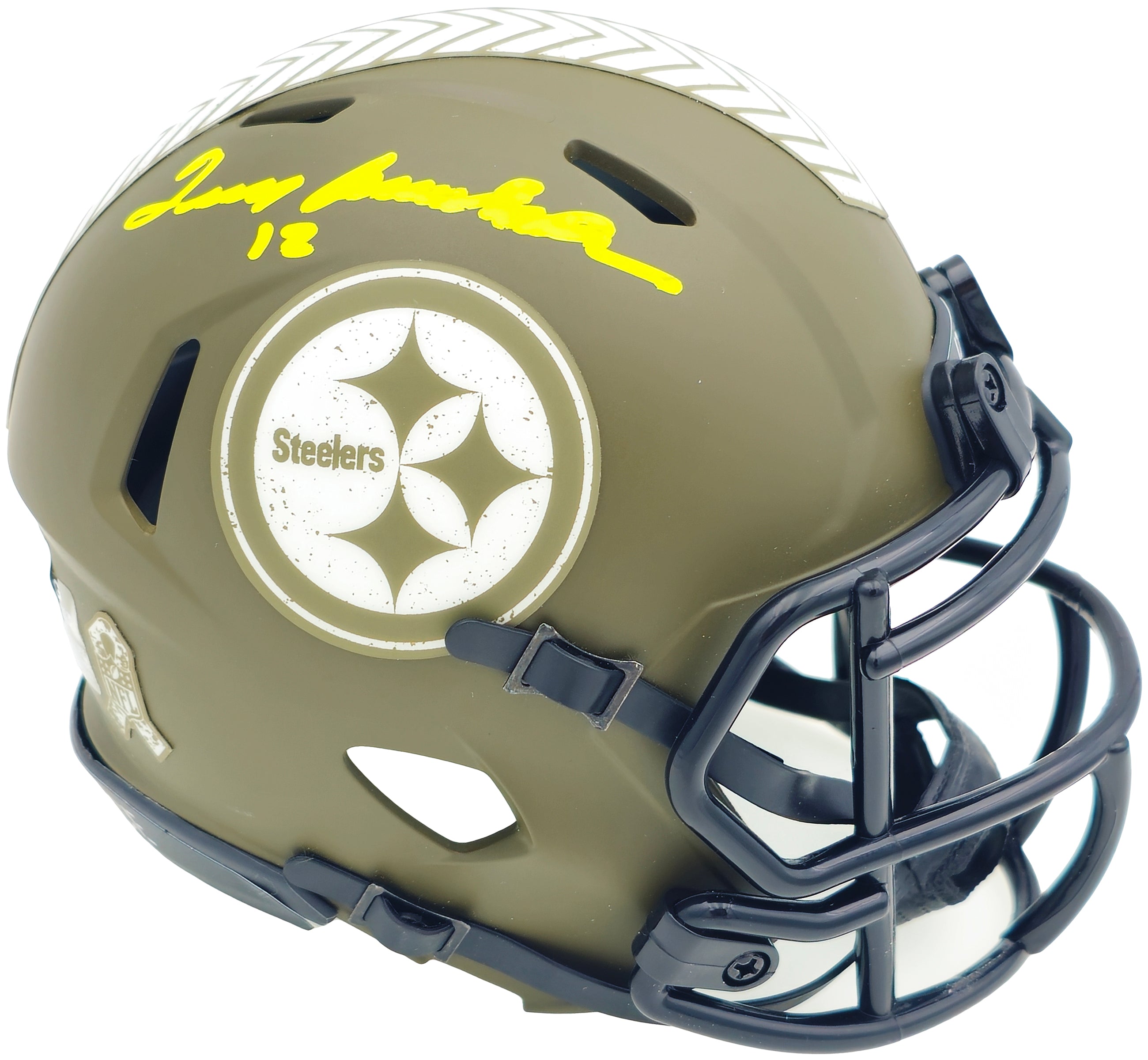 Terry Bradshaw Autographed Pittsburgh Steelers Army Green Salute to Service Speed Mini Helmet Beckett BAS Witness