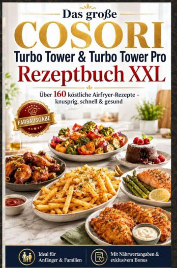 Das-grosse-COSORI-Turbo-Tower-and-Turbo-Tower-Pro-Rezeptbuch-XXL-Uber-160-kostliche-Airfryer-Rezepte-knusprig-schnell-and-gesund-FARBAUSGABE-boek-cover-9789403838373