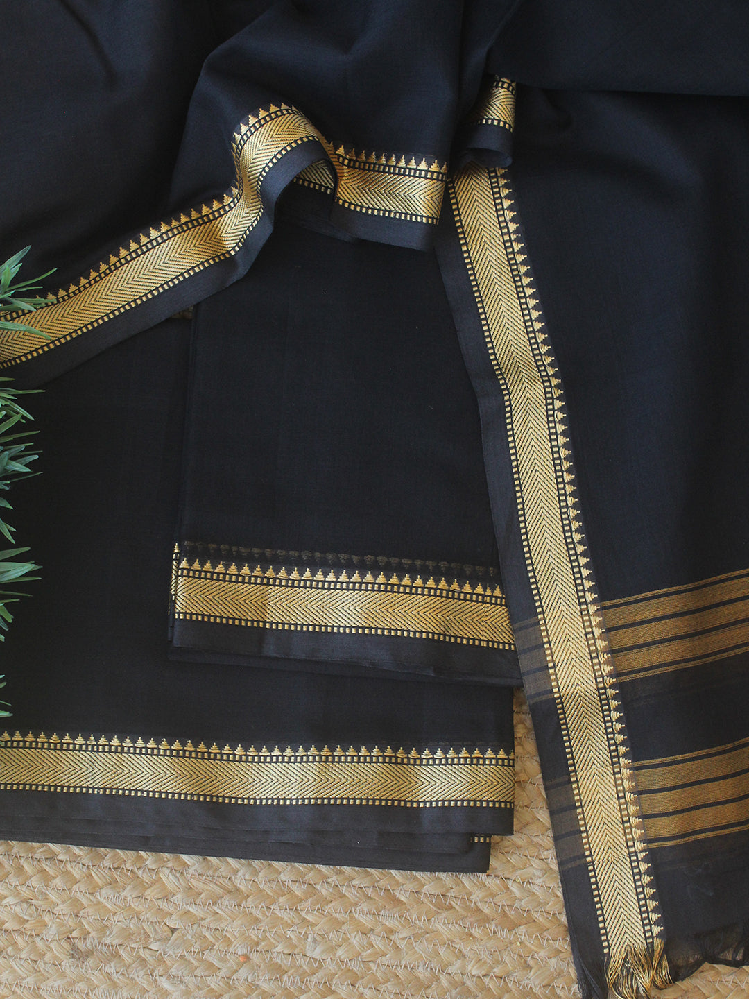 Black Dharwad Cotton Dress Material With Woven Border