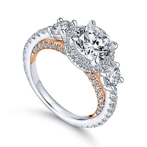 18K Gold 3 Stone Halo Ring Setting