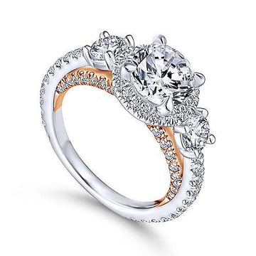 18K Gold 3 Stone Halo Ring Setting
