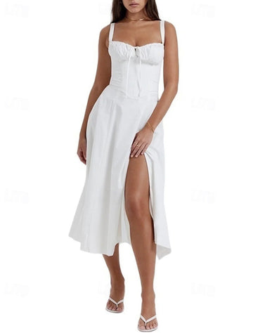 Woman wearing a white regular fit U-neck sleeveless midi dress, front view.