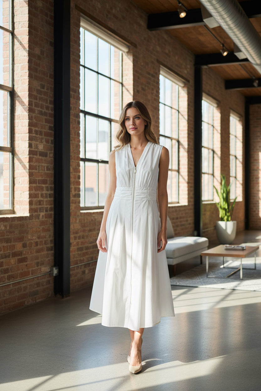 SHANA SOLID ZIP SLEEVELESS MARILYN DRESS
